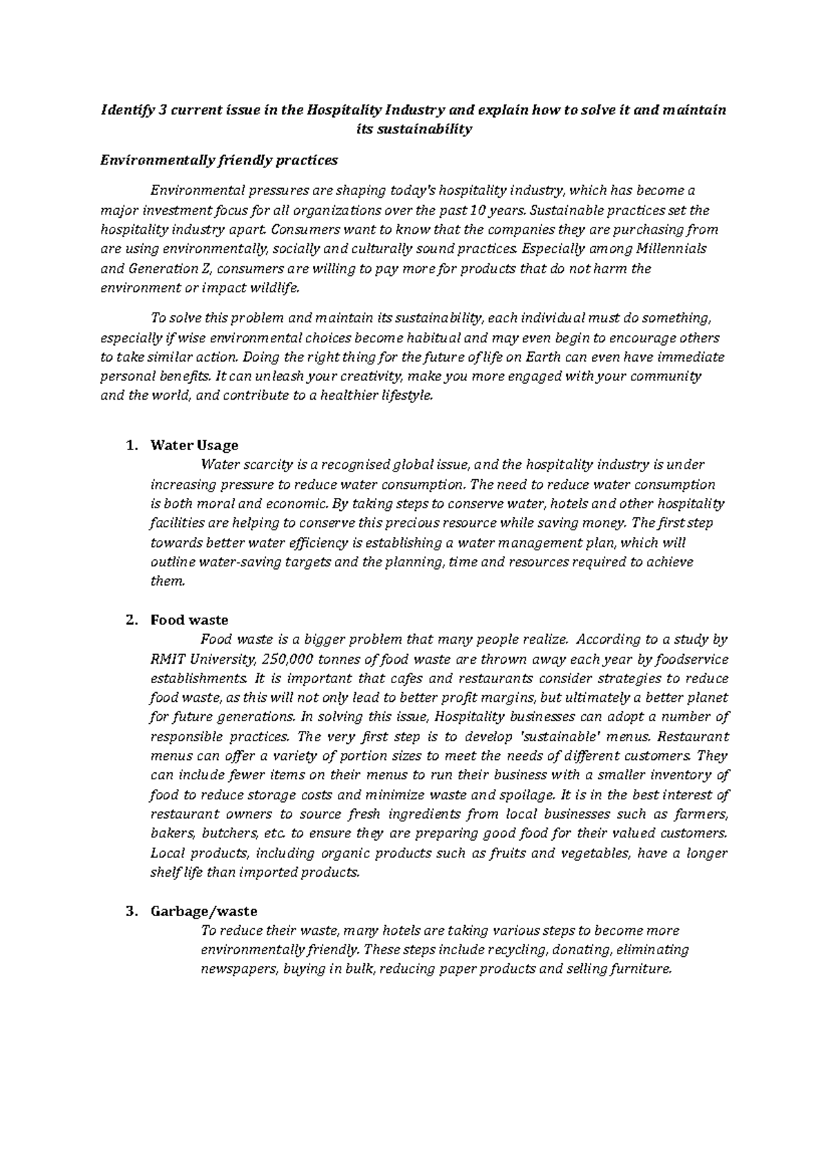 Sustainable. Hospitality issue - Identify 3 current issue in the ...