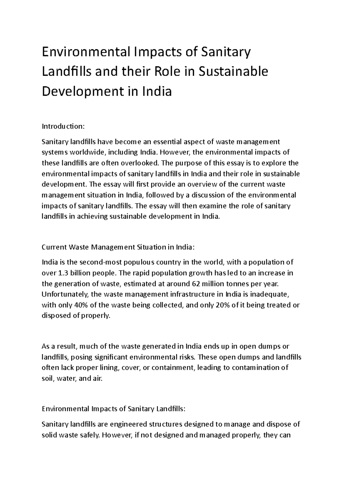 Environmental Impacts Of Sanitary Landfills And Their Role In 