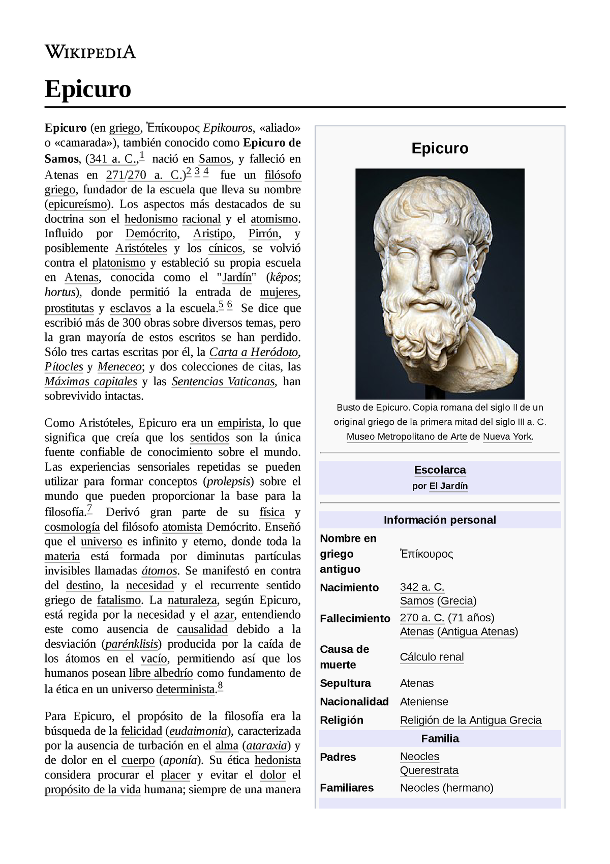 Epicuro de Samos de Atea - Epicuro Busto de Epicuro. Copia romana del siglo  II de un original griego - Studocu