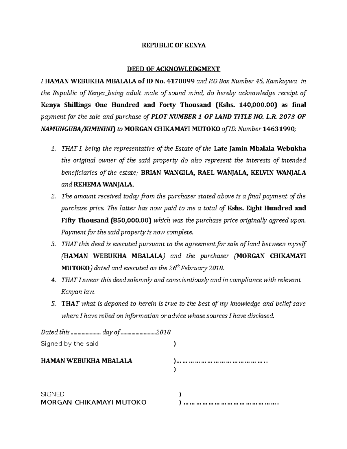 Deed of Acknowledgement - REPUBLIC OF KENYA DEED OF ACKNOWLEDGMENT I ...