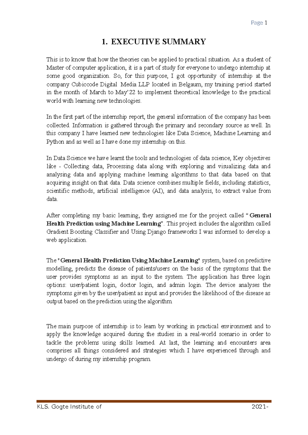 Internship Report - N/A - KLS. Gogte Institute of 2021- 1. EXECUTIVE ...