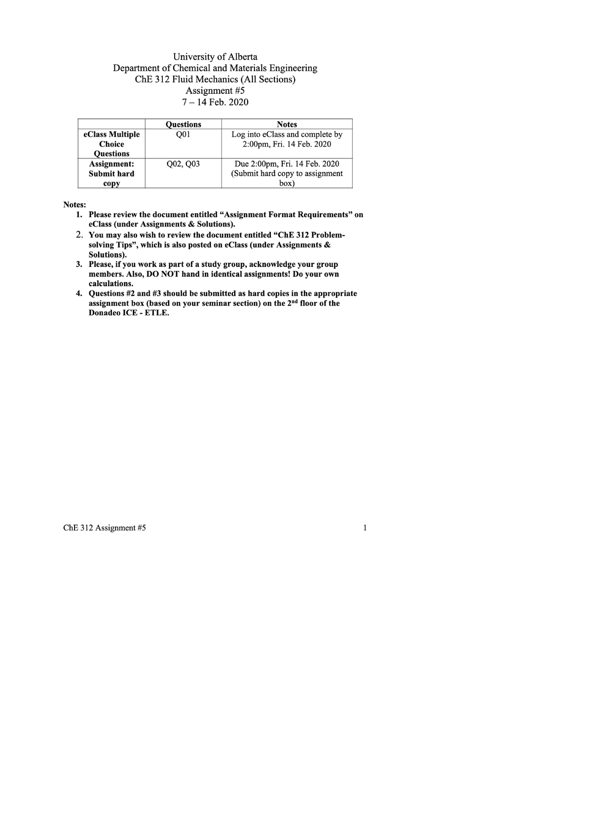 CHE312 Assignment 5 Wi2020 - Ch E312 - Studocu