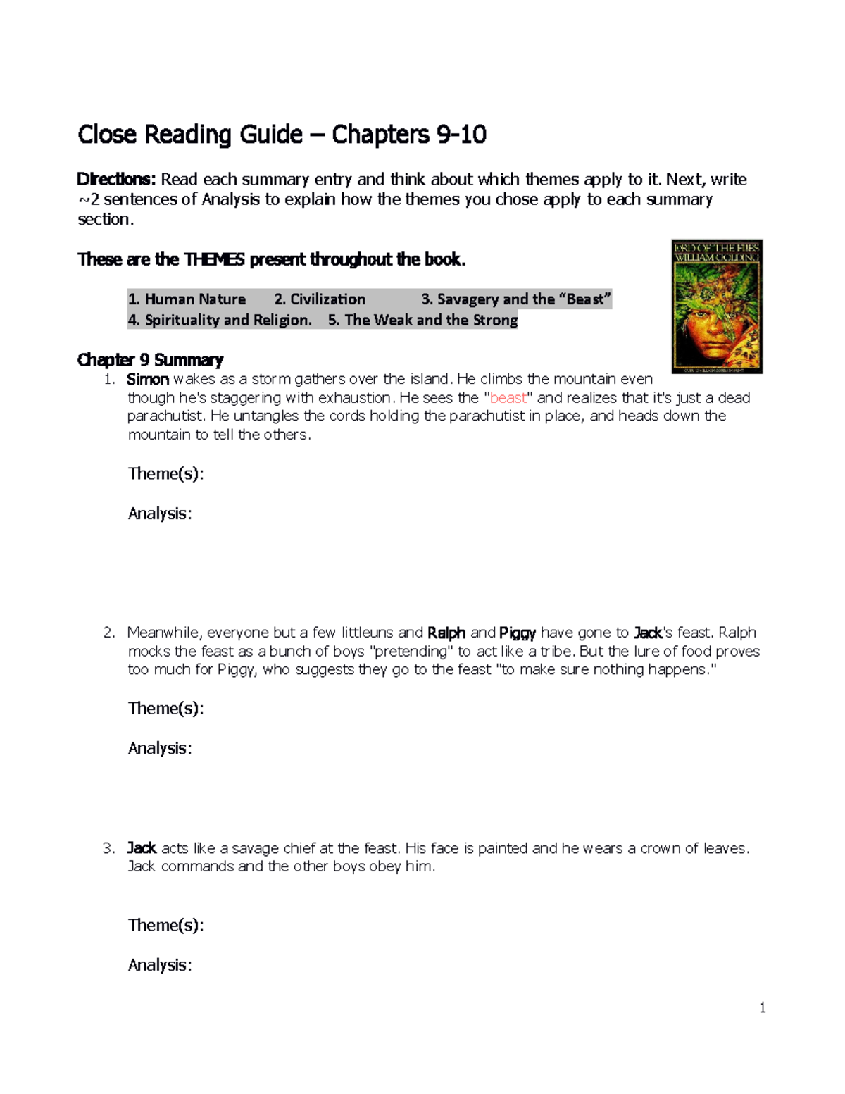 Week 11 Lord Of The Flies Chapters 9-10 Guides - Close Reading Guide ...