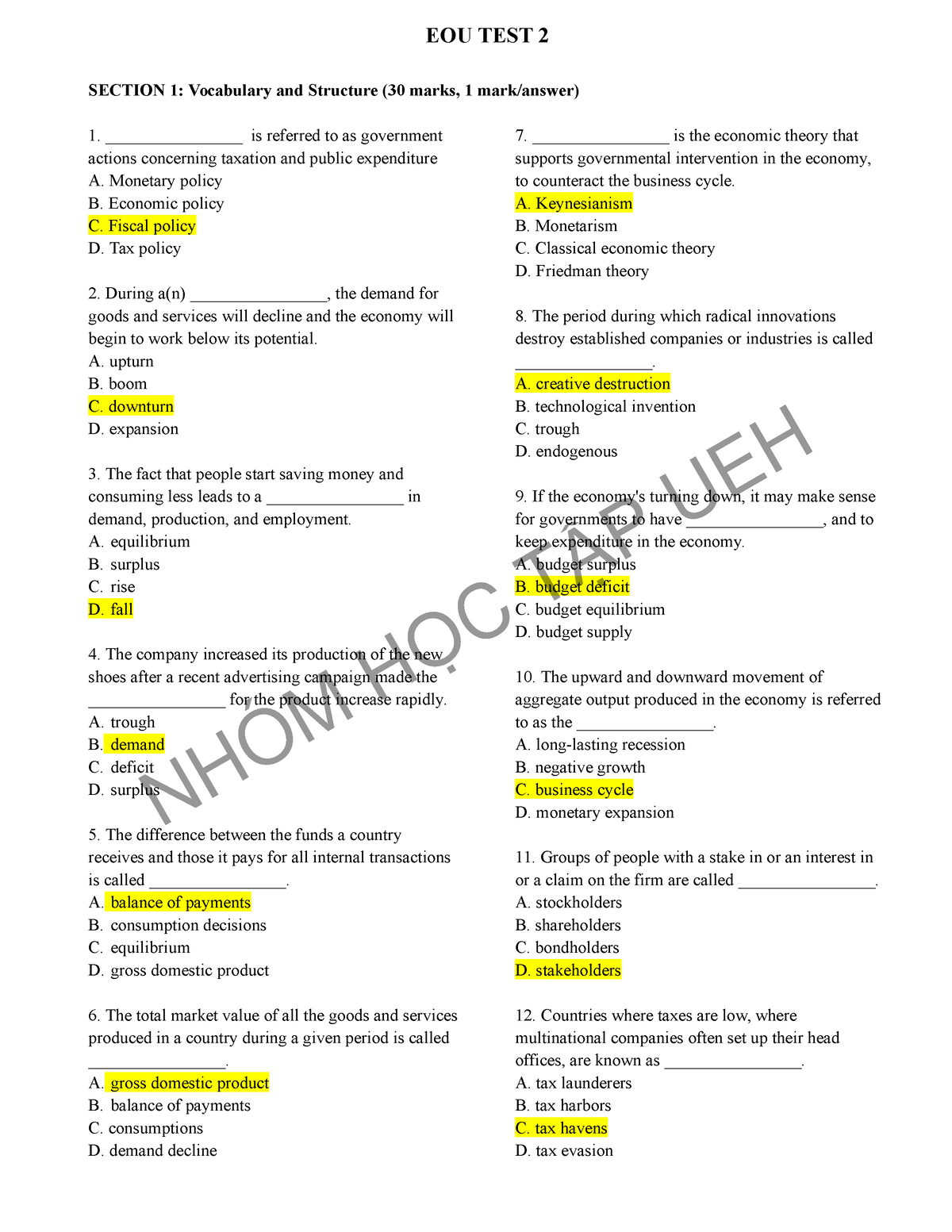 EOU TEST 2 - Yyt8yyyftr - EOU TEST 2 SECTION 1: Vocabulary And ...