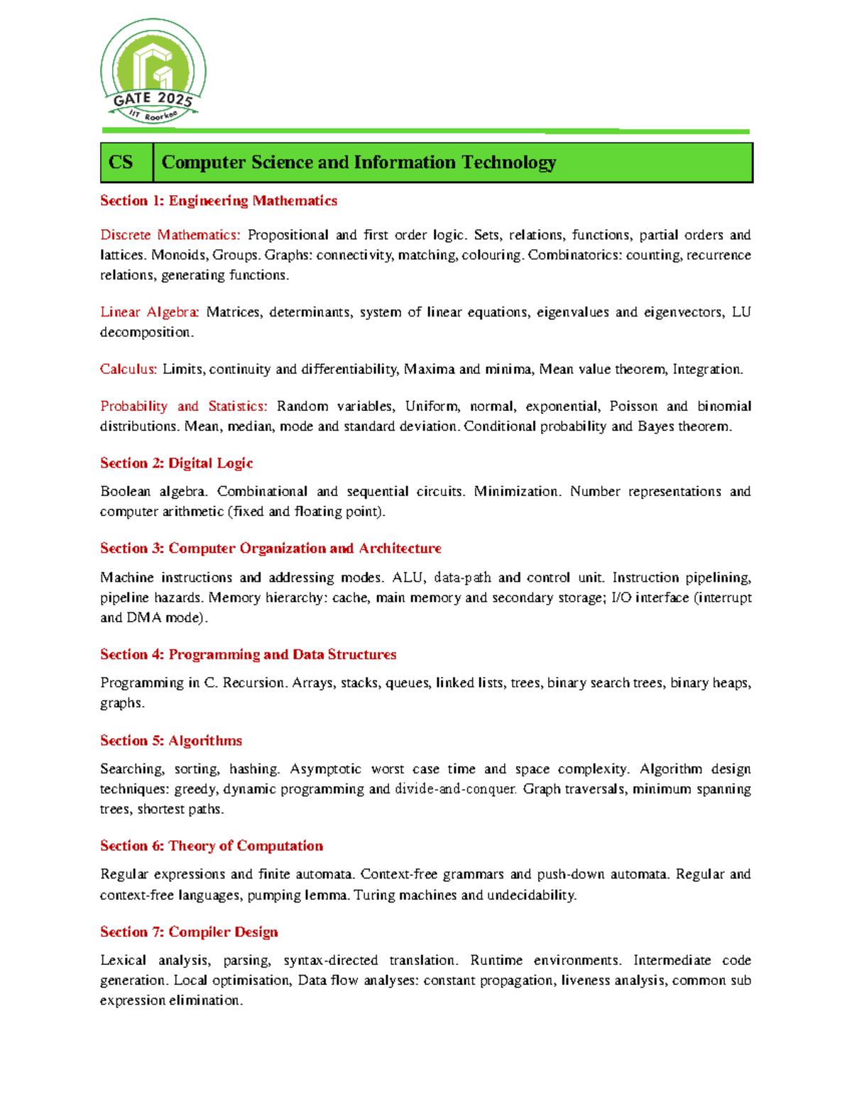 GATE CS 2025 Syllabus - CS Computer Science and Information Technology ...