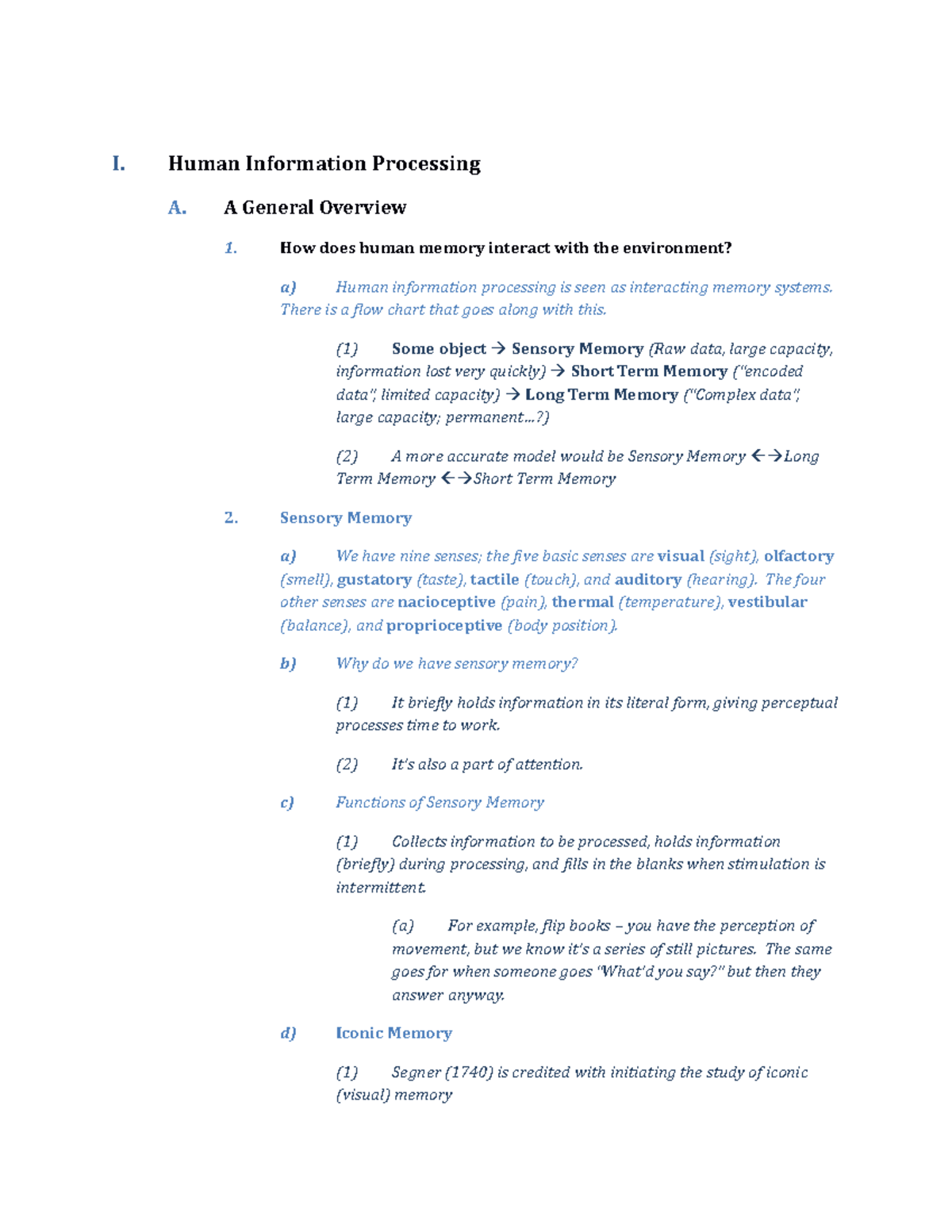 Psych 3030 Exam 1 Notes - I. Human Information Processing A. A General ...