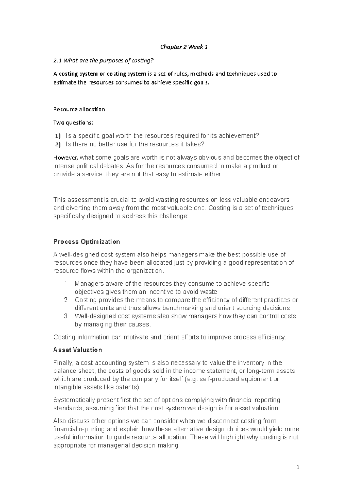 Chapter 2 Week 1 - what is costing - Chapter 2 Week 1 2 What are the ...