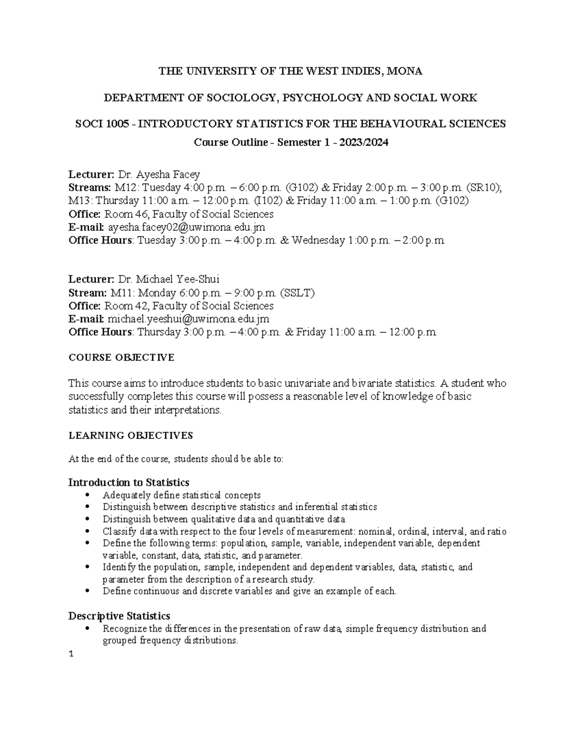 SOCI1005 Course Outline 2023-24 - THE UNIVERSITY OF THE WEST INDIES ...