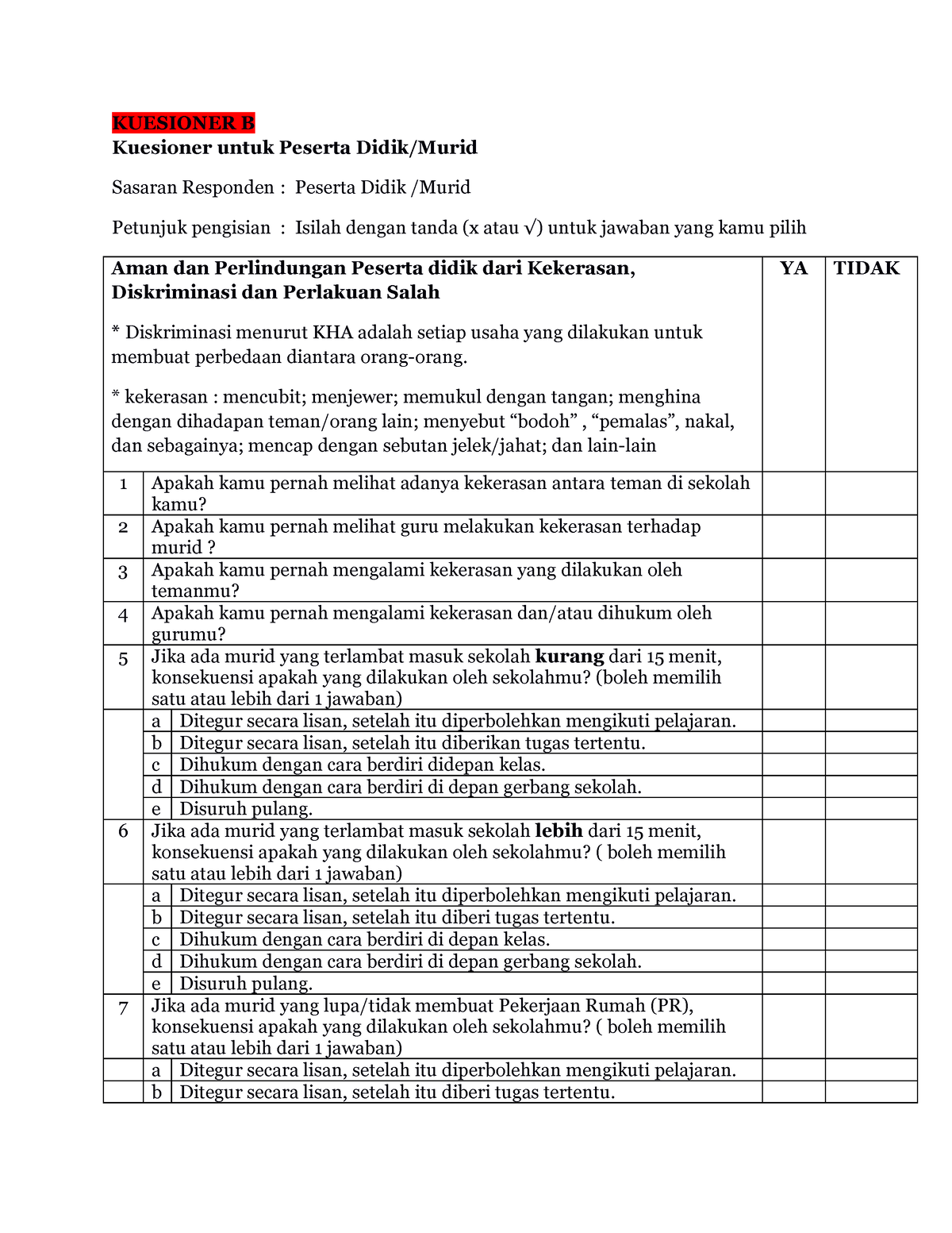 Kuesioner-b - ANGKET PESERTA DIDIK - KUESIONER B Kuesioner Untuk ...