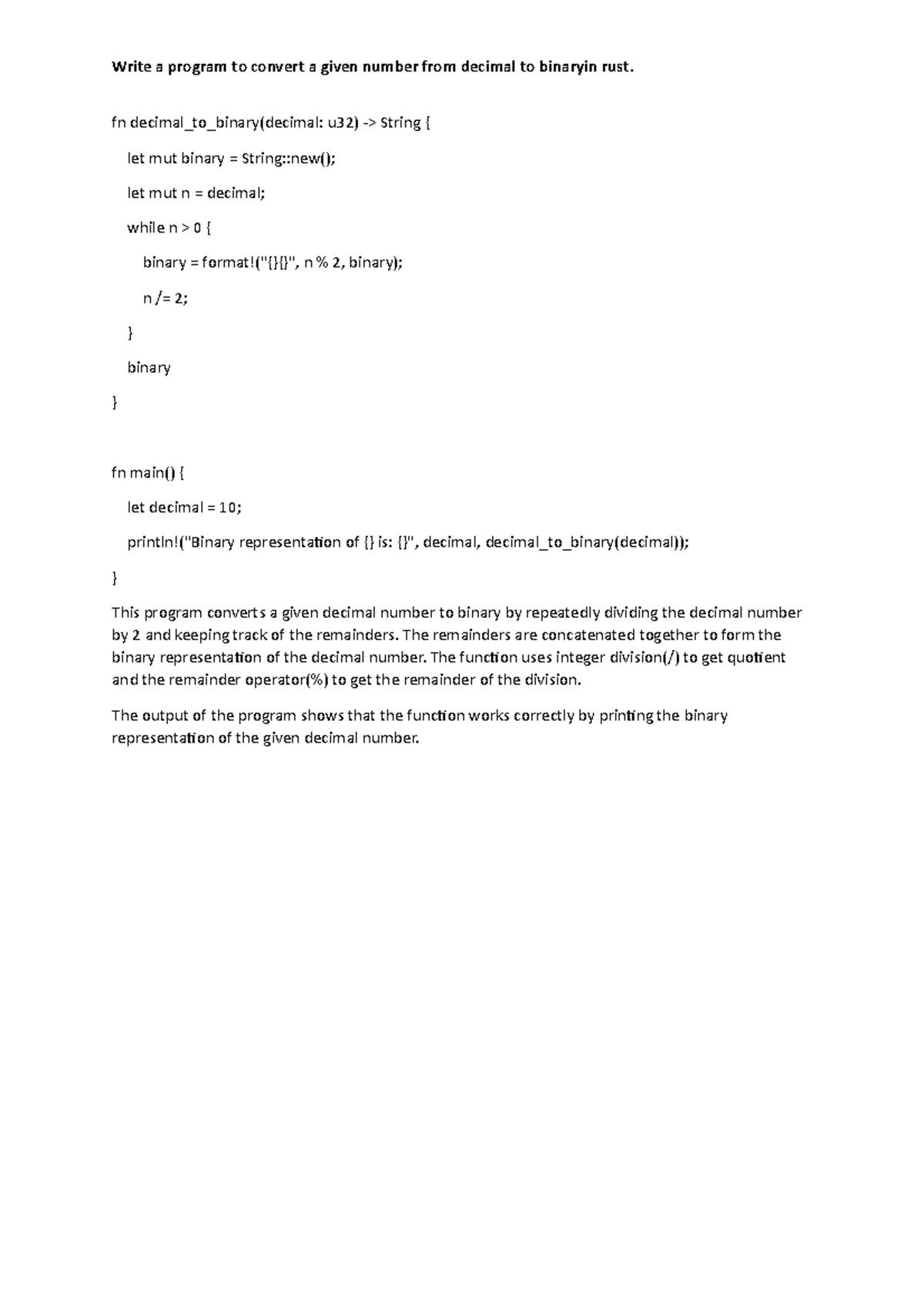 Rust binary Write a program to convert a given number from decimal to