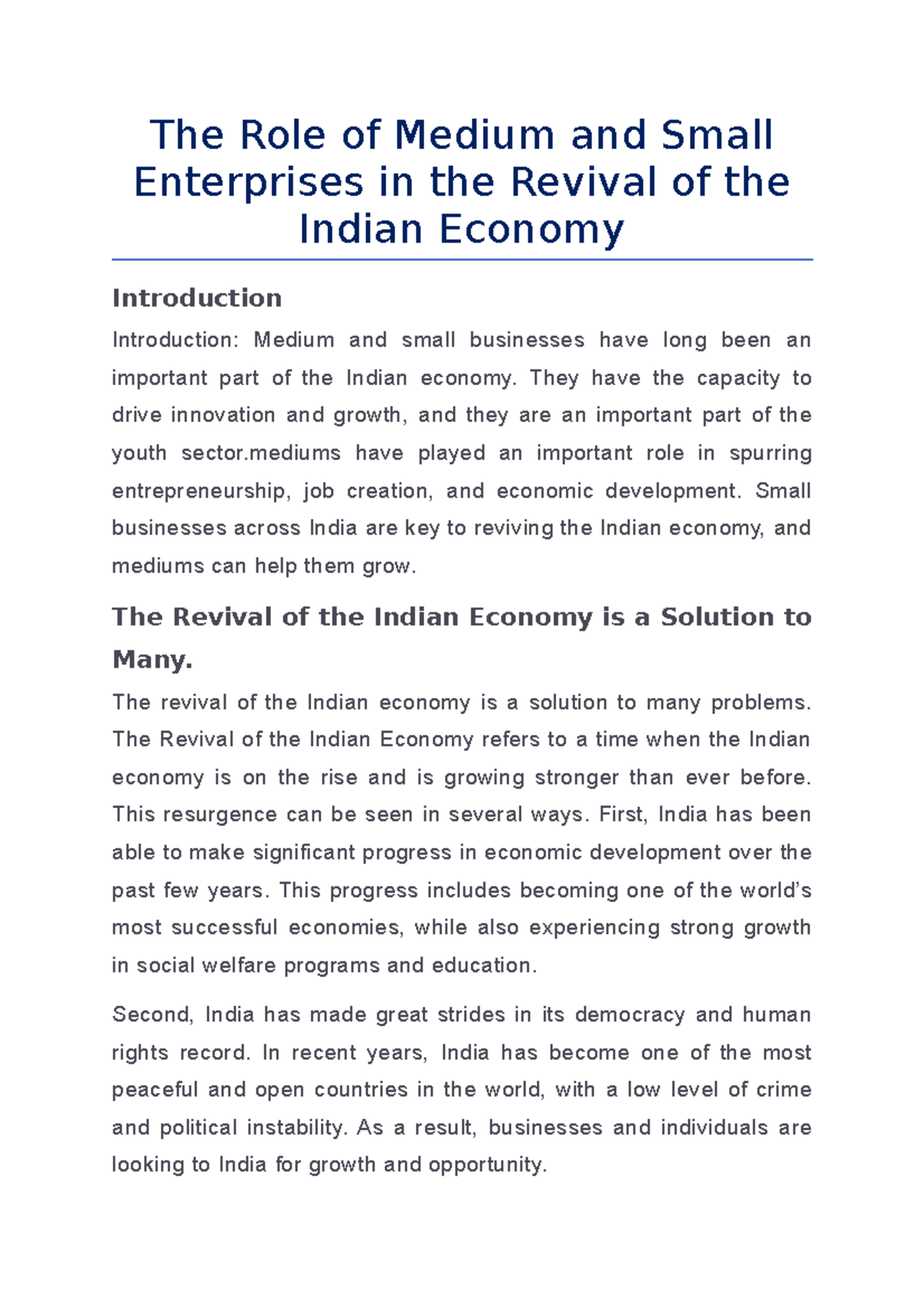 The Role of Medium and Small Enterprises in the Revival of the Indian ...