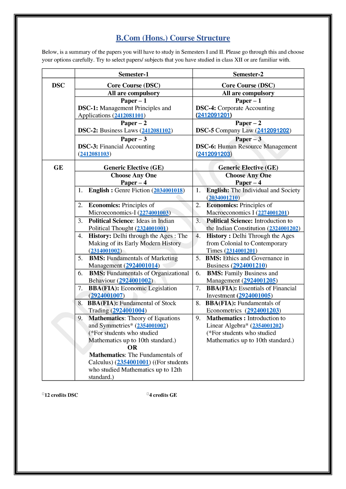 BCOM-H Course Structure - B (Hons.) Course Structure Below, Is A ...