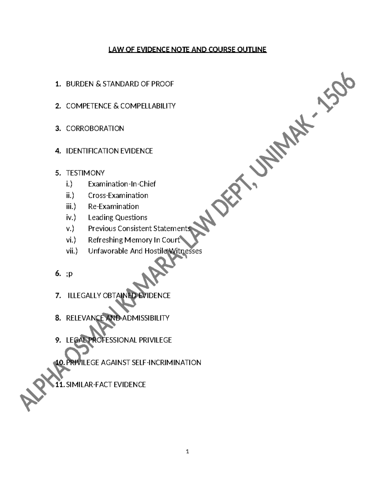 6 = LAW OF Evidence-1 - LAW OF EVIDENCE NOTE AND COURSE OUTLINE 1 ...