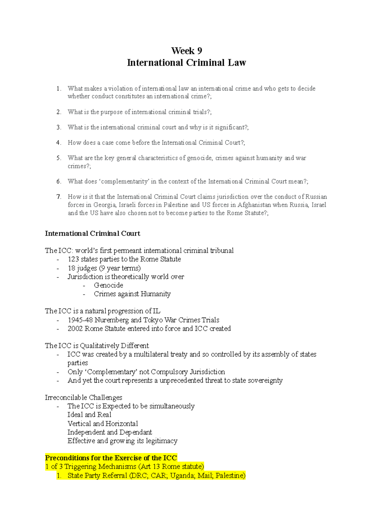 Week 9 - Lecture notes 9 - Week 9 International Criminal Law What makes ...