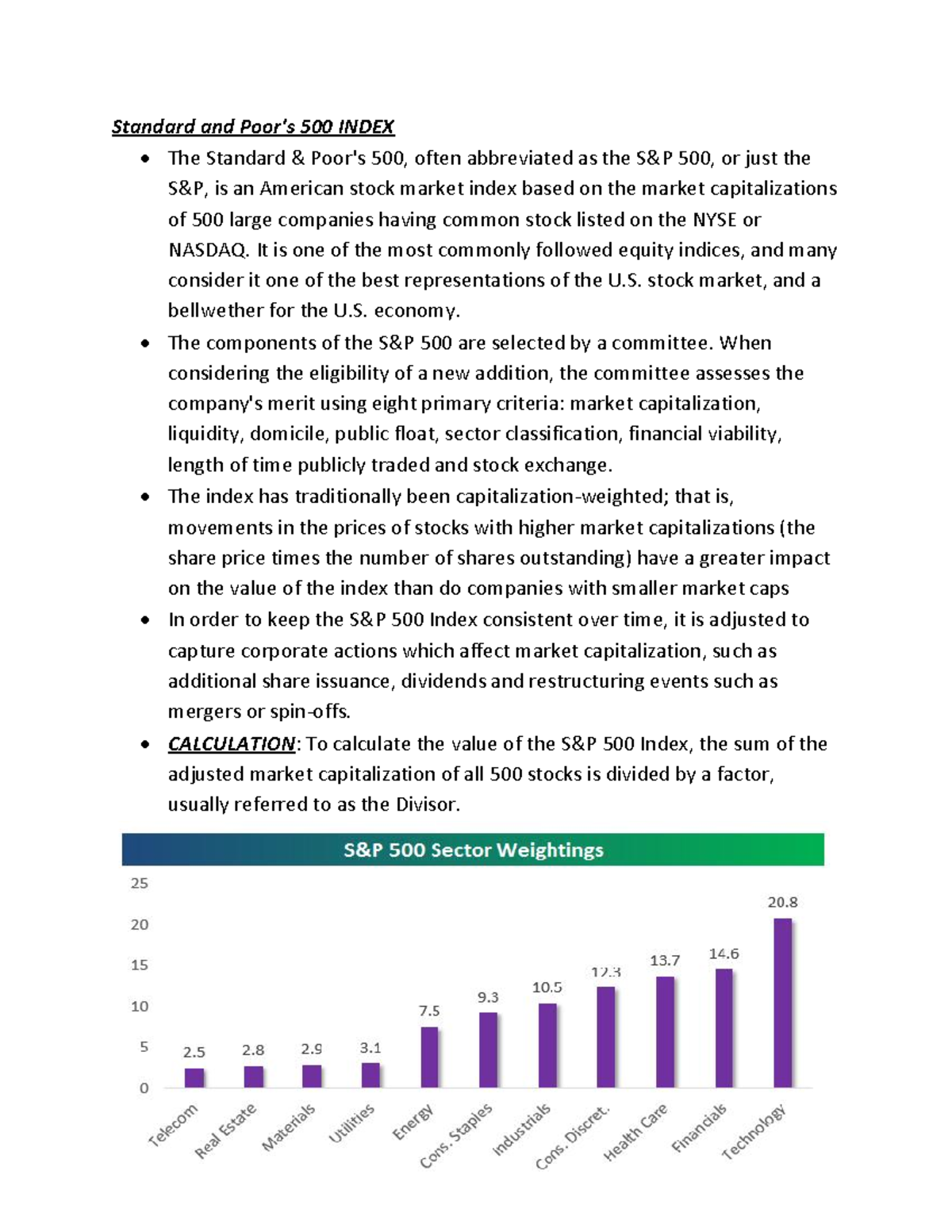 Equities Important notes Standard and Poor's 500 INDEX The Standard
