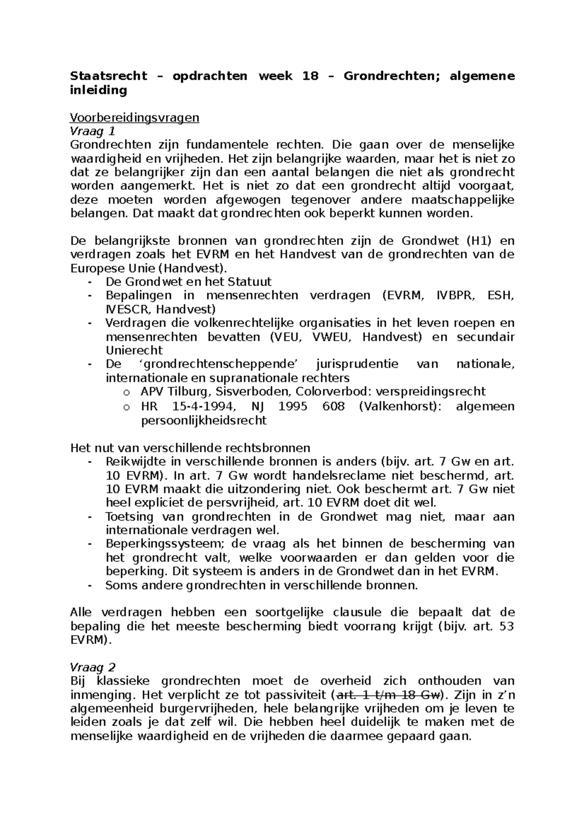 Staatsrecht – Opdrachten Week 18 – Grondrechten; Algemene Inleiding ...