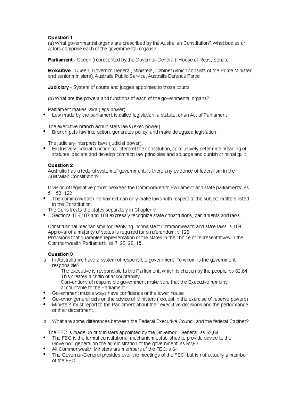 Week 3 Tutorial 2 - Constitutional Law - Question 1 (a) What ...