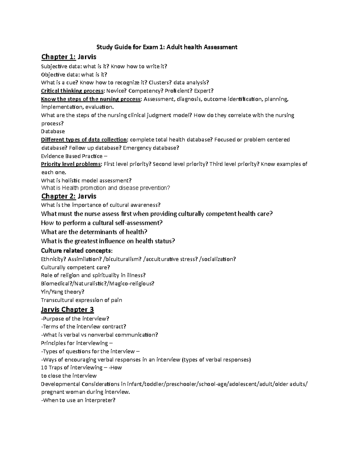 Health assessment exam 1 study guide - Study Guide for Exam 1: Adult ...