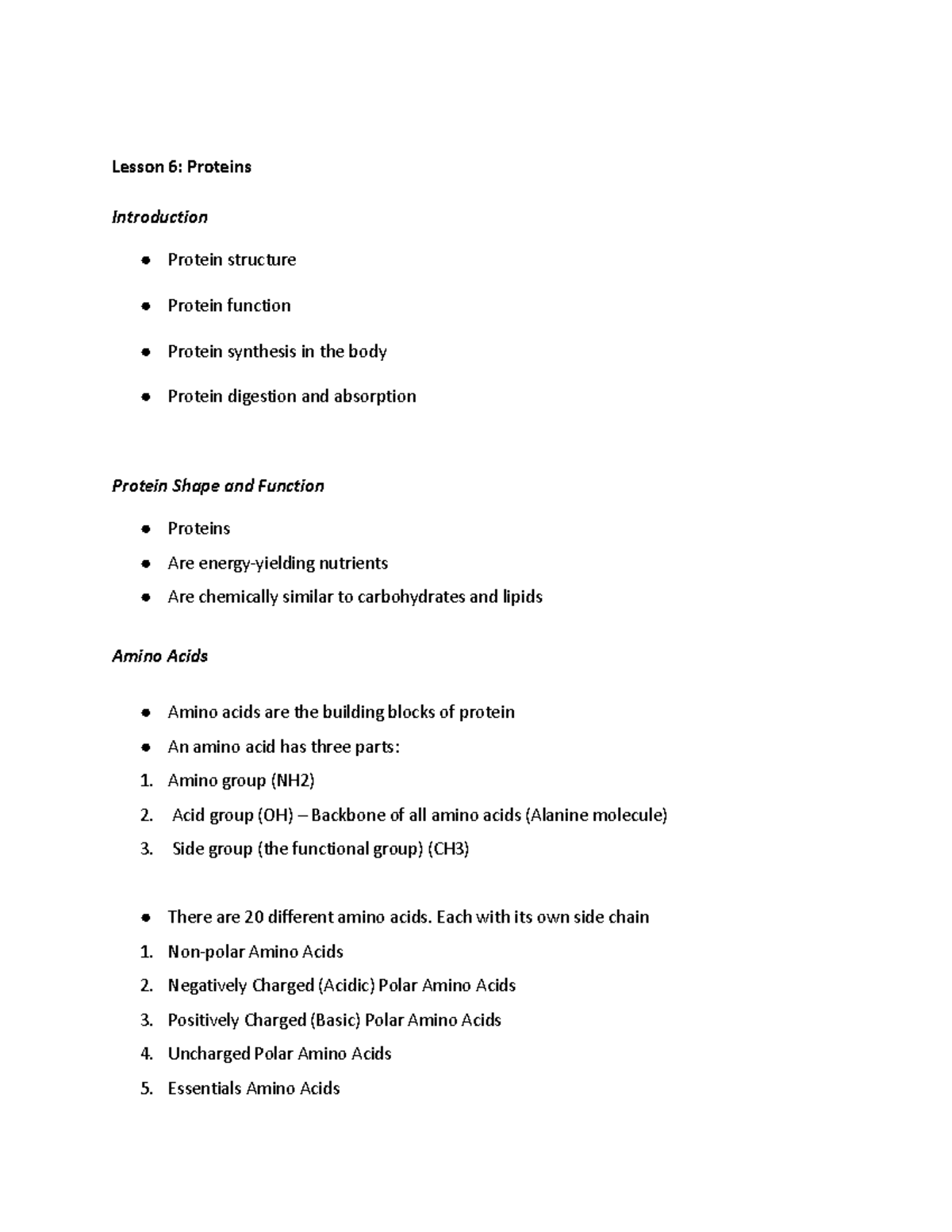 Lesson 6 Proteins - Lesson 6: Proteins Introduction Protein structure ...