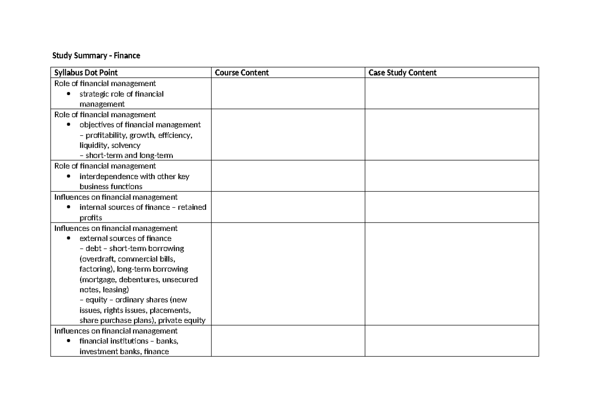 Study Summary Finance - 2 - Study Summary - Finance Syllabus Dot Point ...