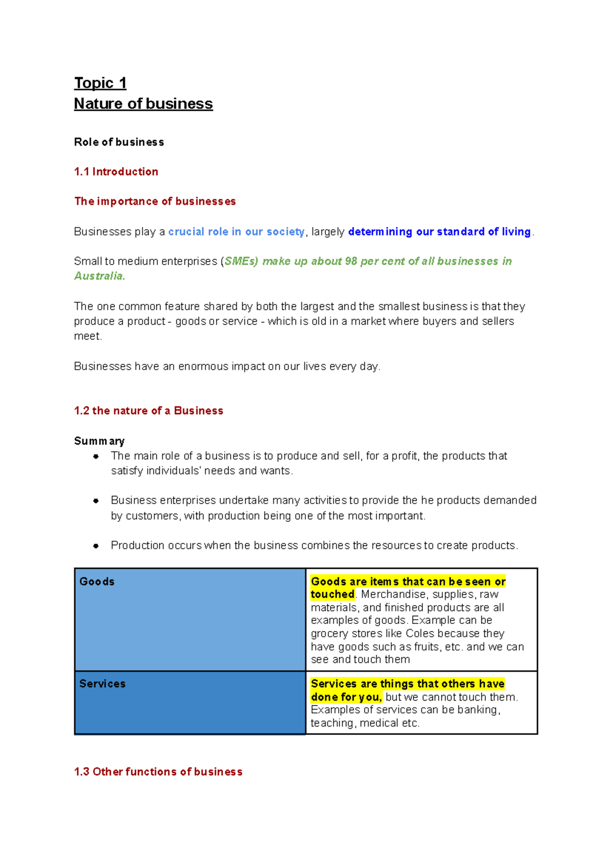 Business notes - Freddie - Topic 1 Nature of business Role of business ...