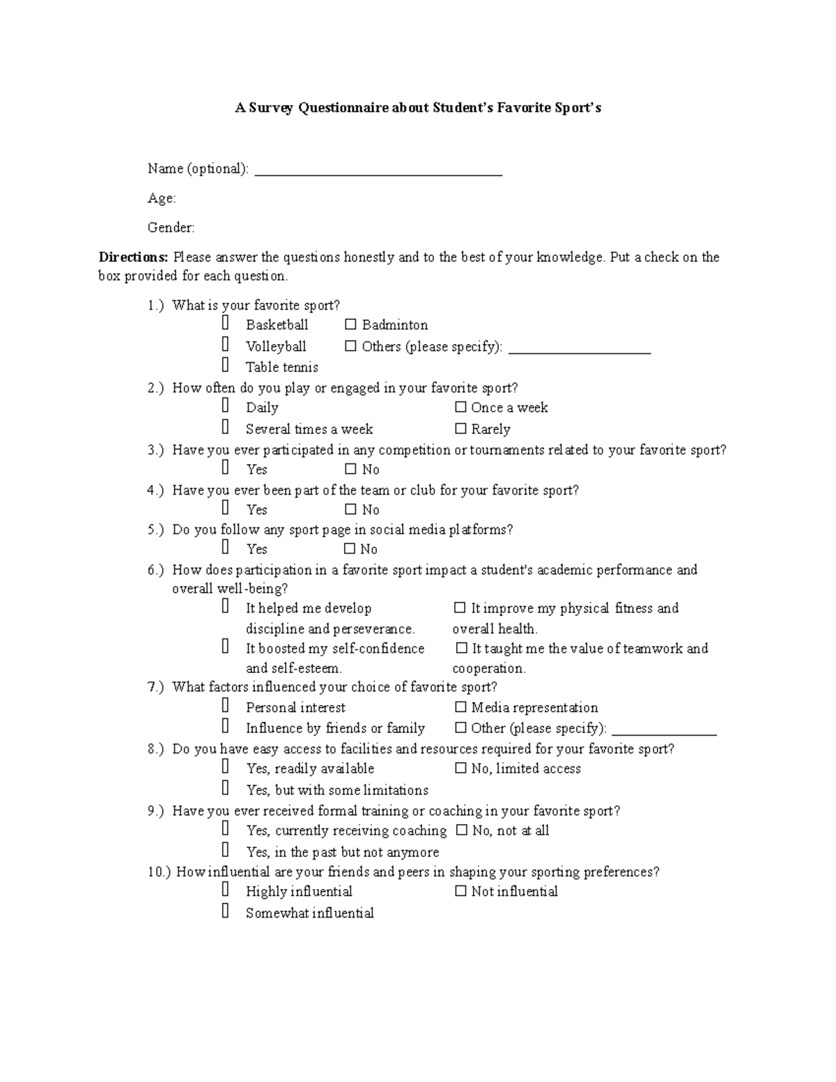 A Survey Questionnaire about Student - Put a check on the box provided ...