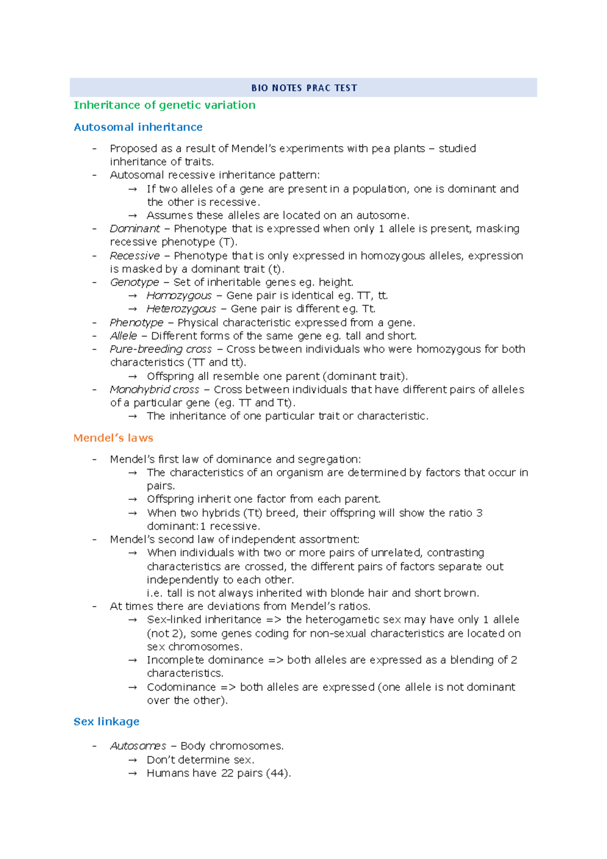 Notes for bio prac test T2 2022 BIO NOTES PRAC TEST Inheritance of