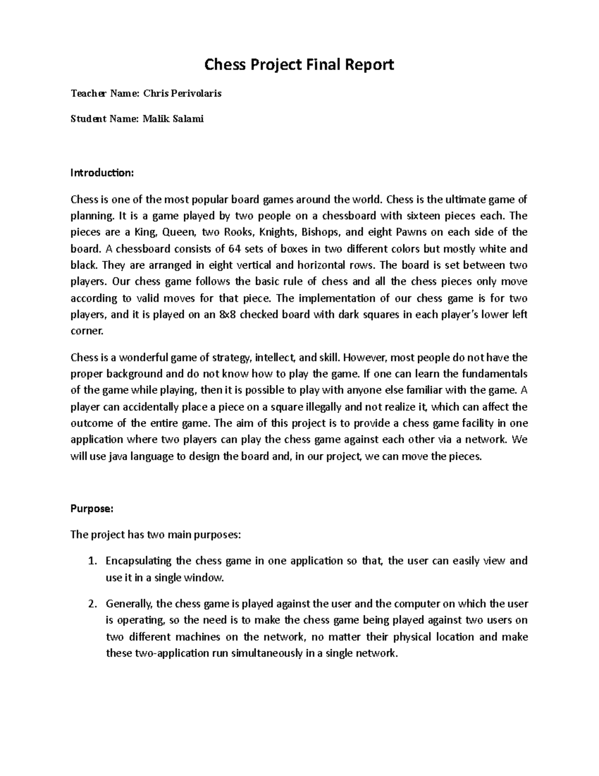 Chess Project Final Report By Malik Chess Project Final Report