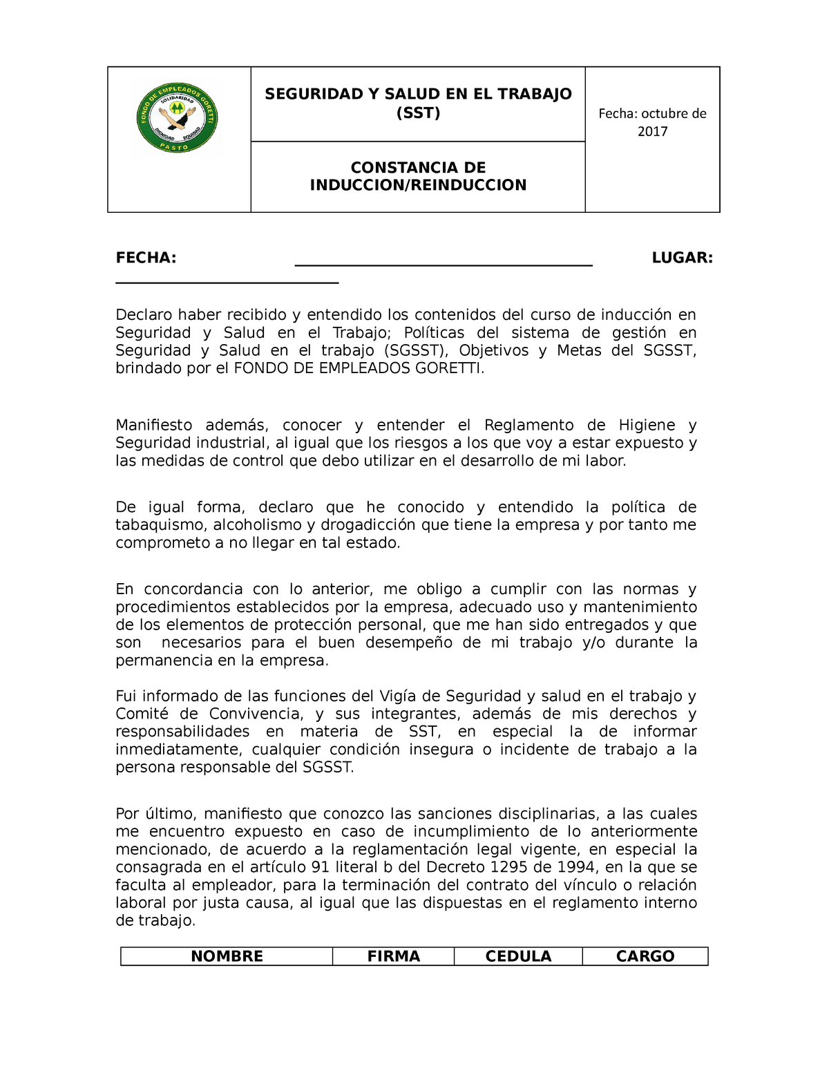 10 Constancia De Induccion Seguridad Y Salud En El Trabajo Sst