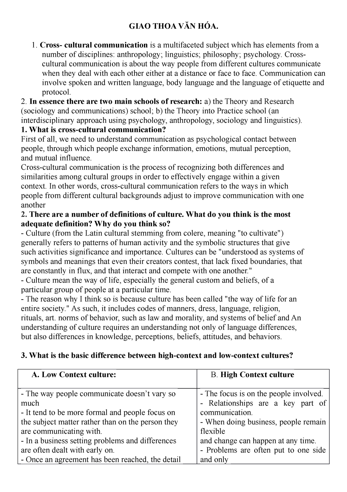 Differences in high-context and low-context communication styles