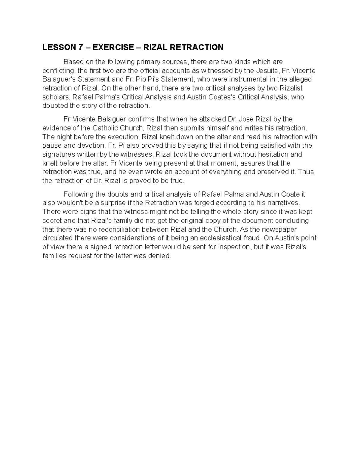 Rizalretraction - Rizal Retraction Info - LESSON 7 – EXERCISE – RIZAL ...