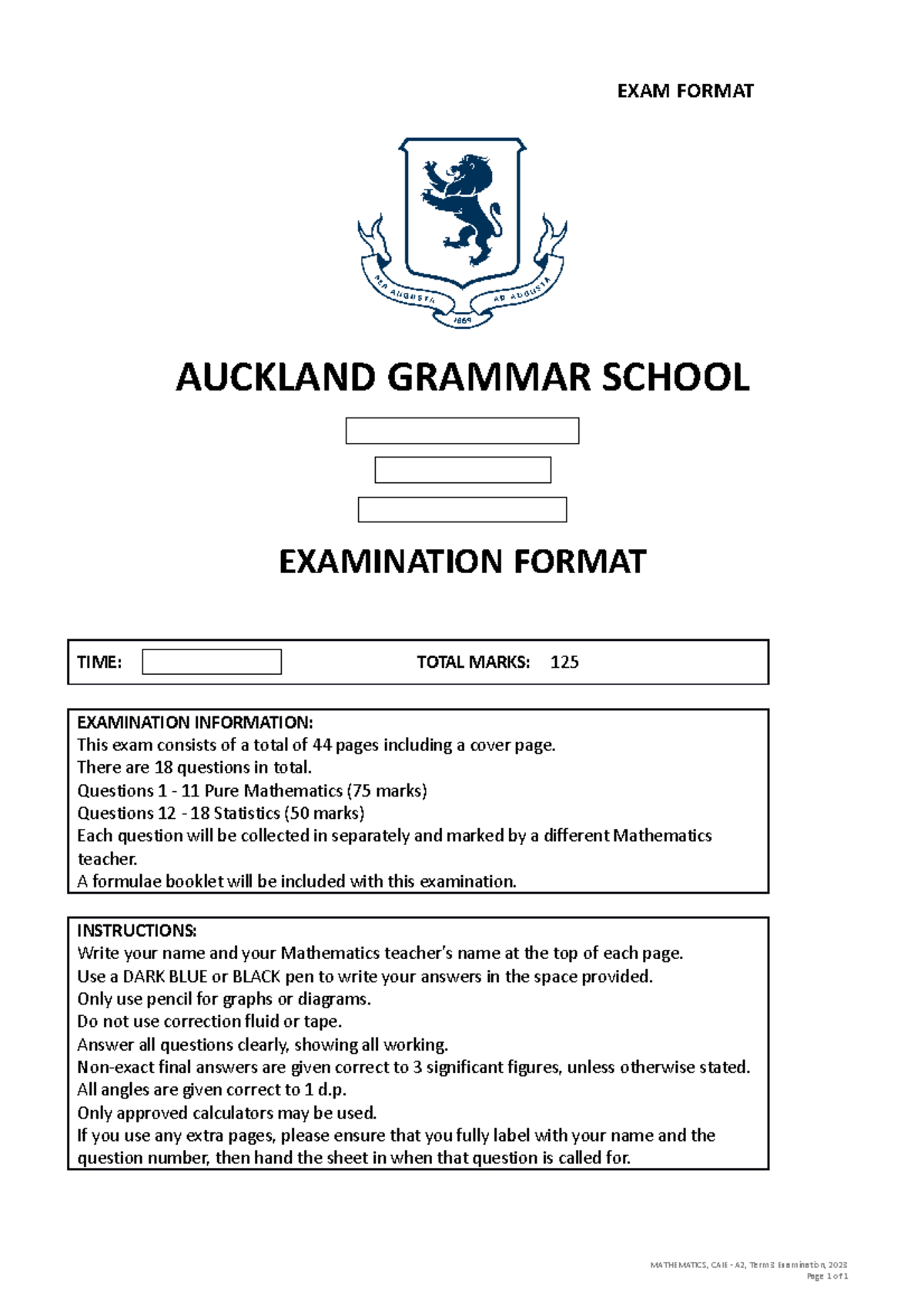 A2 Exam Maths Format Template - 2023 - EXAM FORMAT AUCKLAND GRAMMAR ...