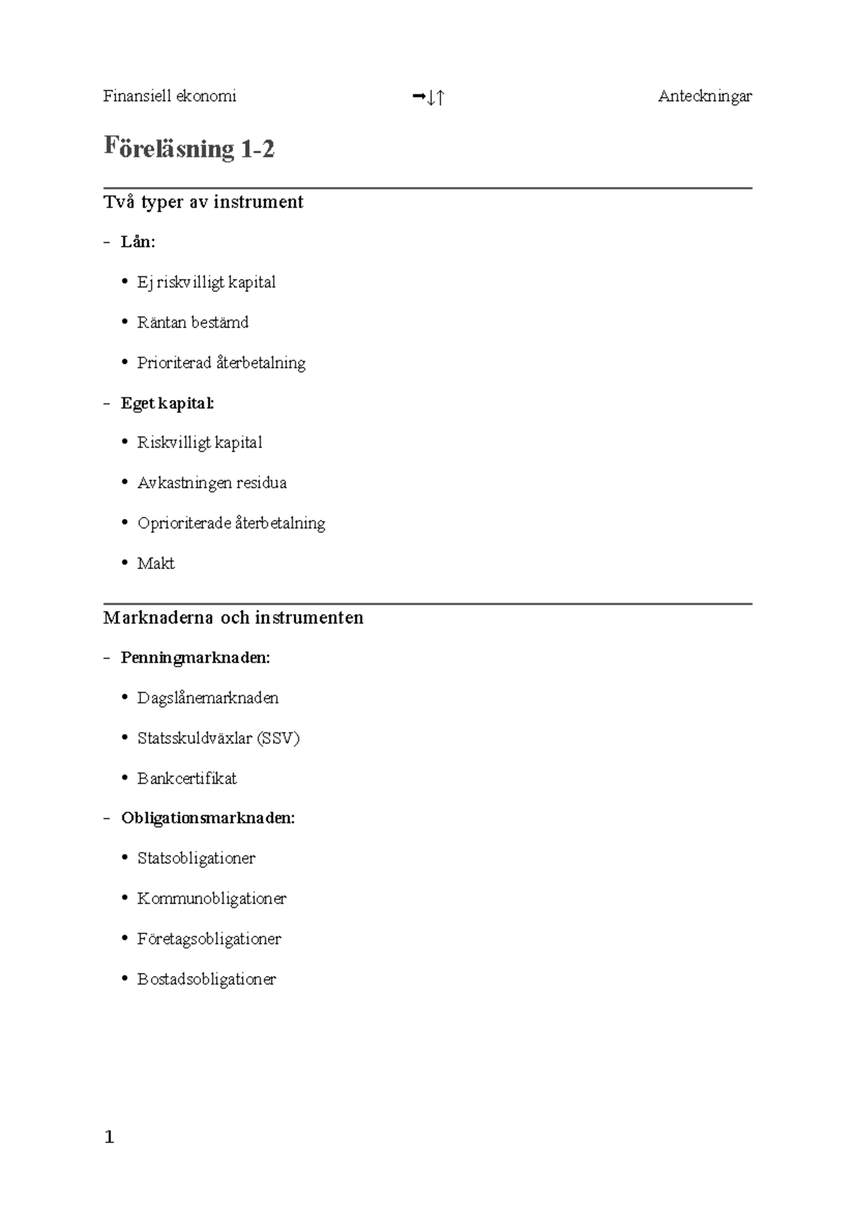 Finansiell Ekonomi Anteckningar - Föreläsning 1- Två Typer Av ...