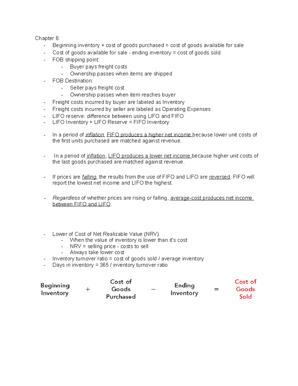 Chapter 6 Accounting Notes - Chapter 6: - Beginning inventory + cost of ...