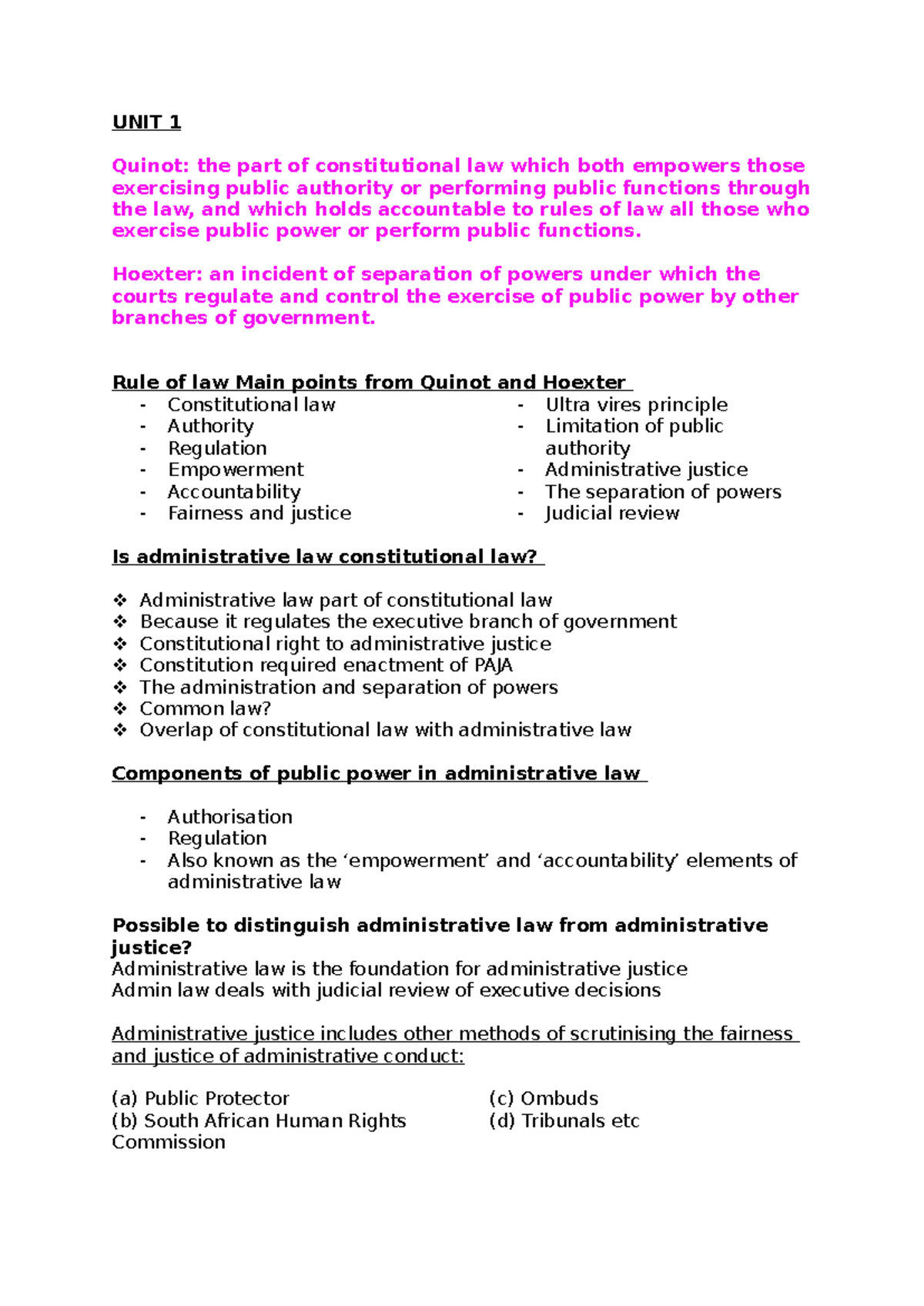 PBL Test Notes - Summary Public law - UNIT 1 Quinot: the part of ...