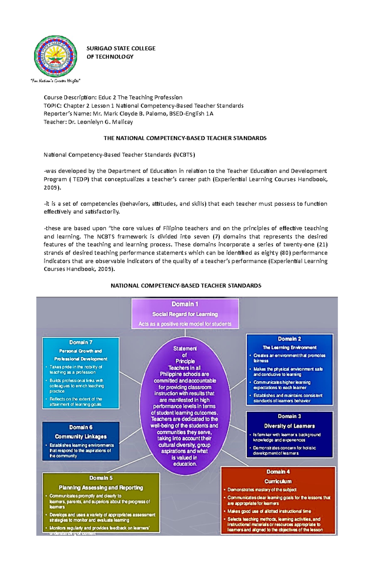 TTP National Competency-Based Teacher Standards - SURIGAO STATE COLLEGE ...