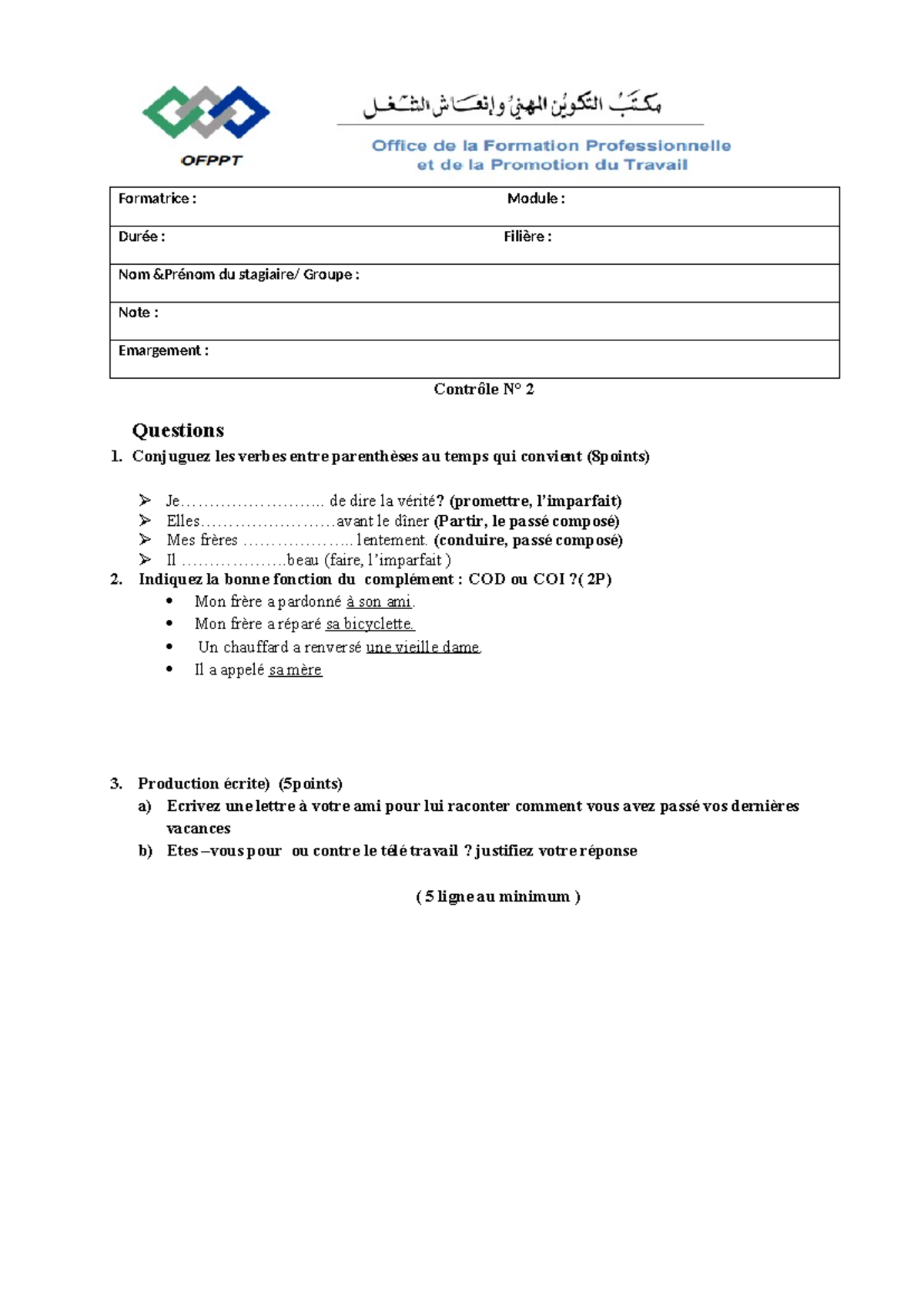 Controle 2 trem Formatrice Module Durée Filière Nom &Prénom