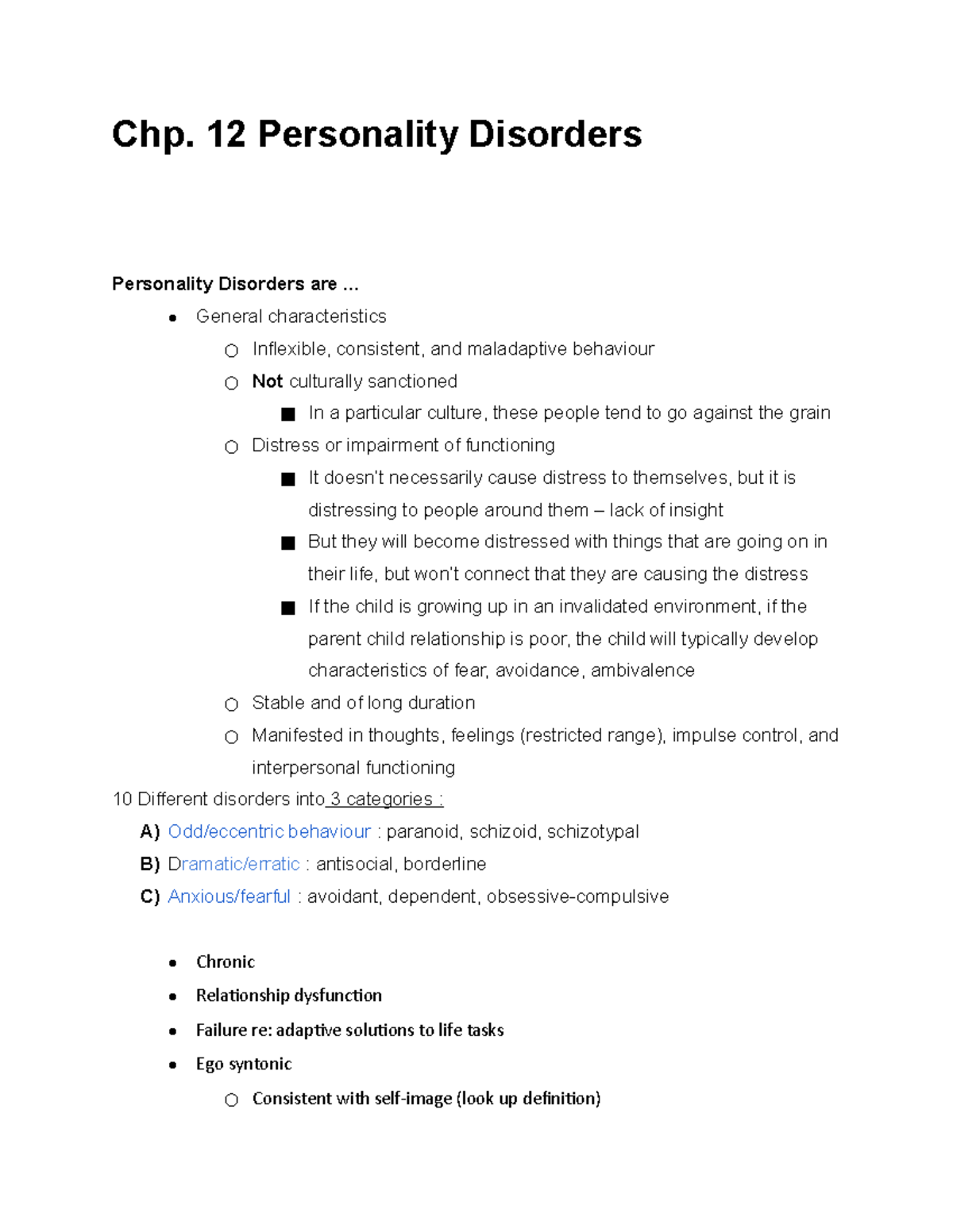 Chp. 12 Personality Disorders - Chp. 12 Personality Disorders ...