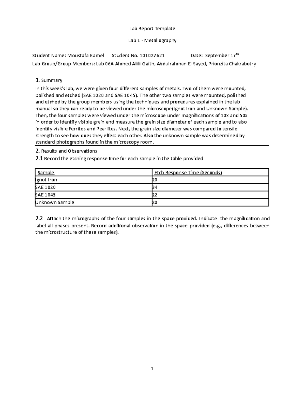 MAAE2700 Lab 01 Template (2018 ) - Lab Report Template Lab 1 ...