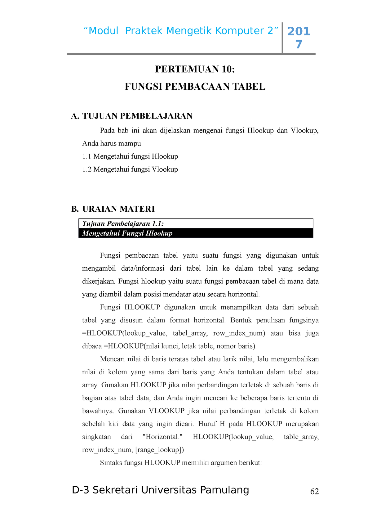 Pertemuan Ke 10 Fungsi Pembacaan Tabel - D-3 Sekretari Universitas ...