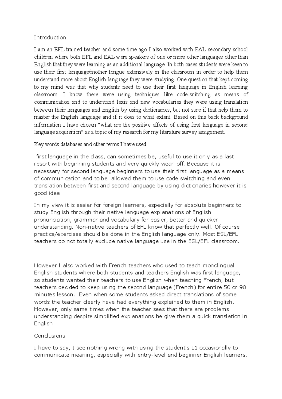 Assignment two intro-applied L - Introduction I am an EFL trained ...