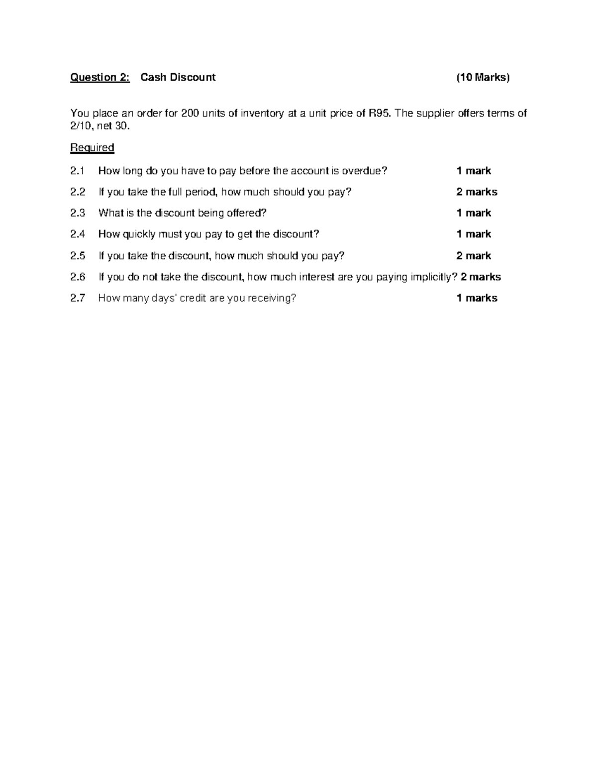 WCM Self Practice Exercise - Question 2: Cash Discount ( 1 0 Marks) You ...
