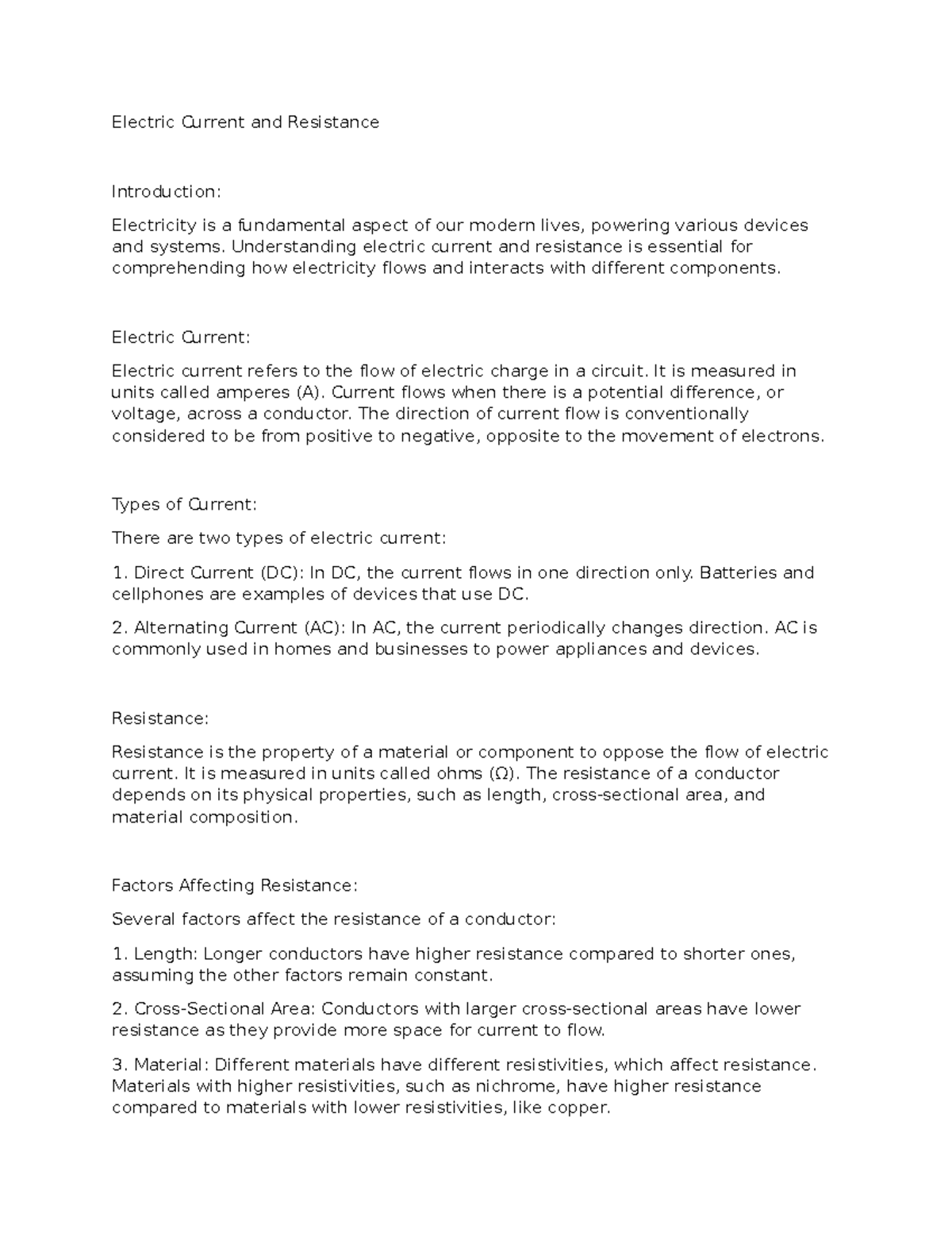Electric Current and Resistance - Electric Current and Resistance ...