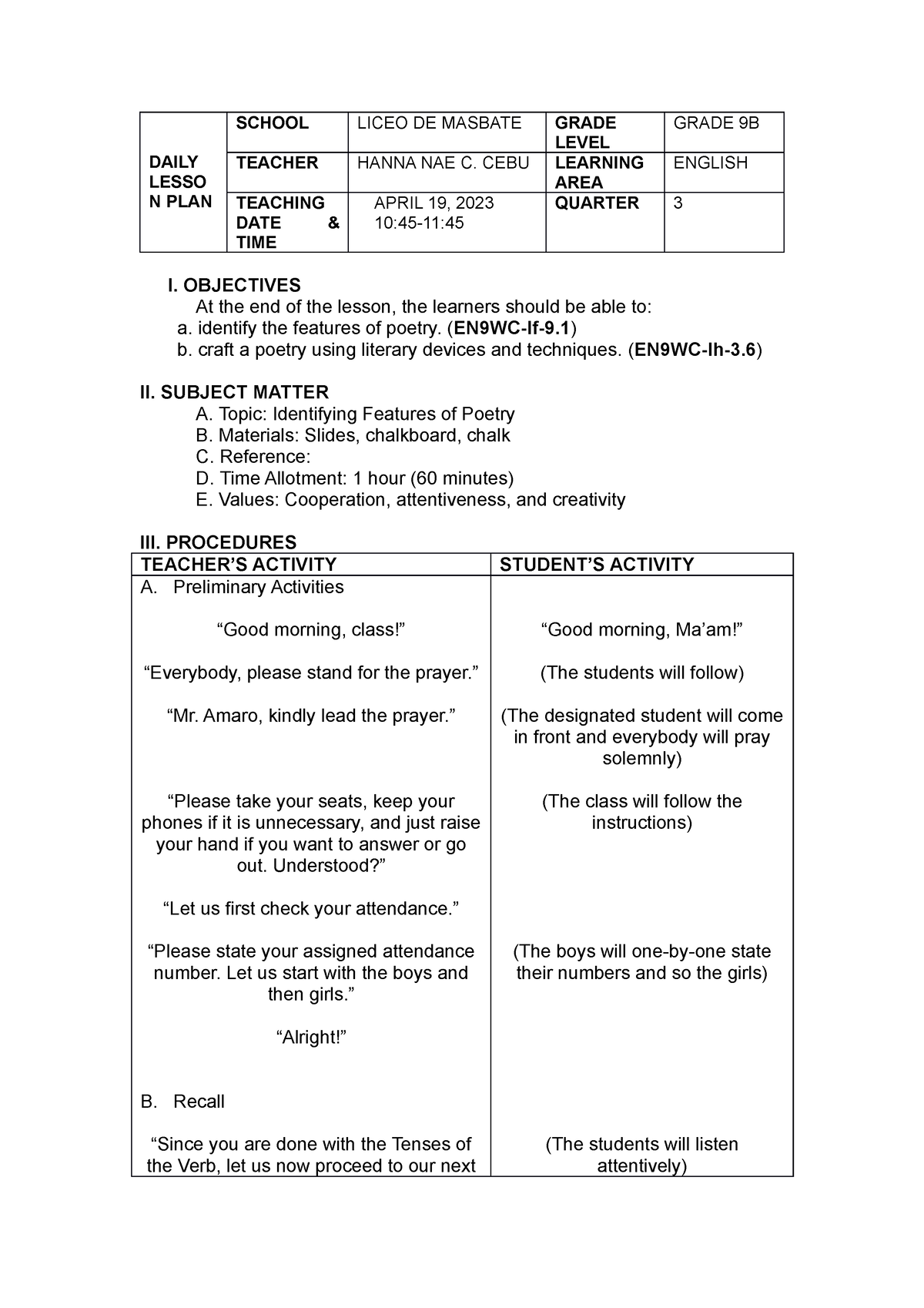 ENG-9B-DLP - This Is A Sample Detailed Lesson Plan - DAILY LESSO N PLAN ...