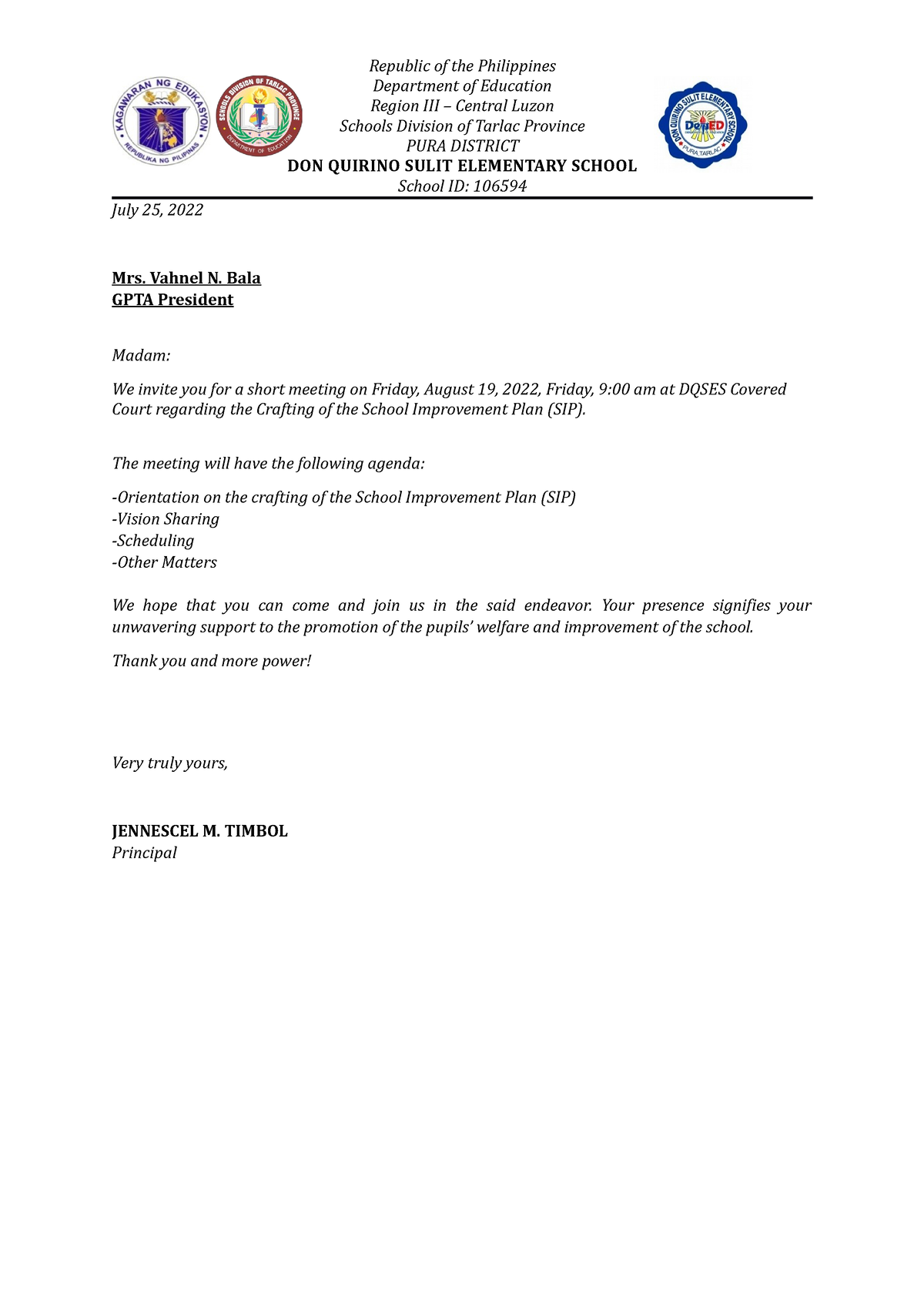 Letter of Invitation - Department of Education Region III – Central ...