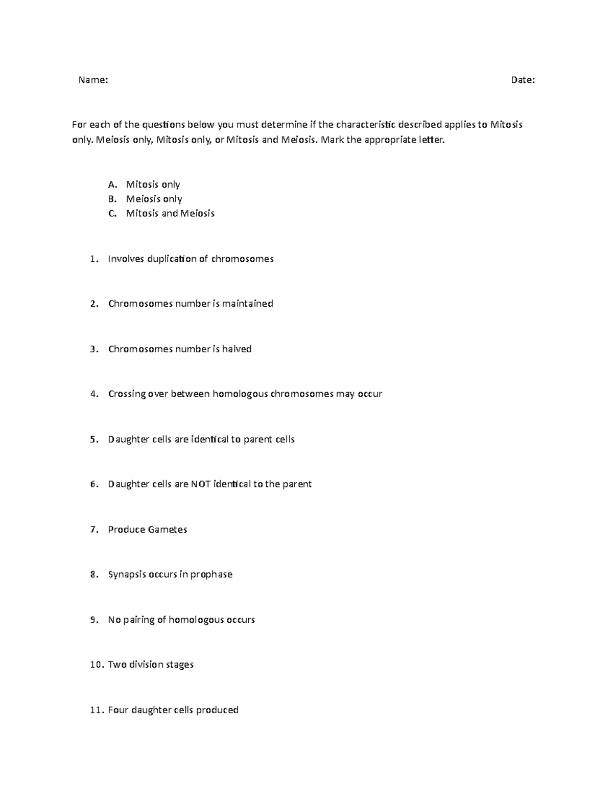 Cell Divisions Review - Name: Date: For each of the questions below you ...