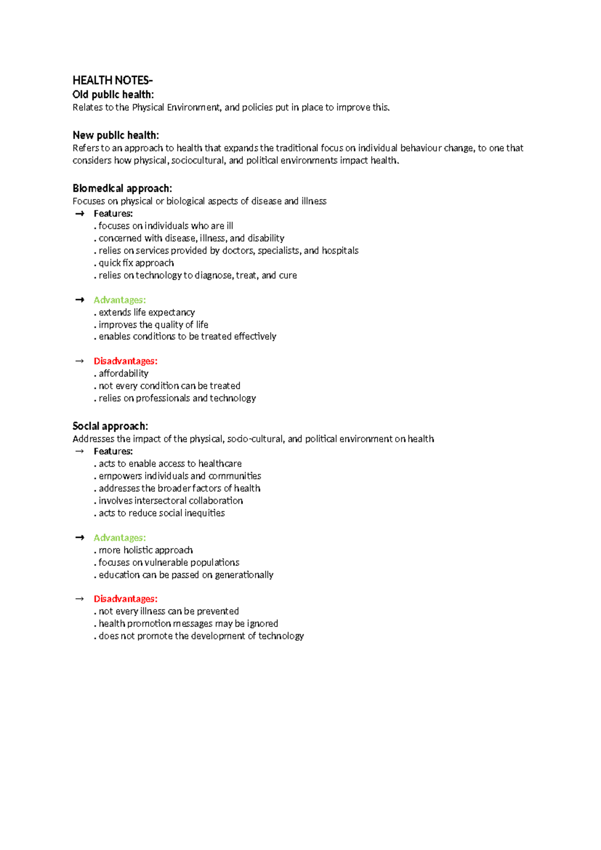 Health Notes - cfgsgd - HEALTH NOTES- Old public health: Relates to the ...