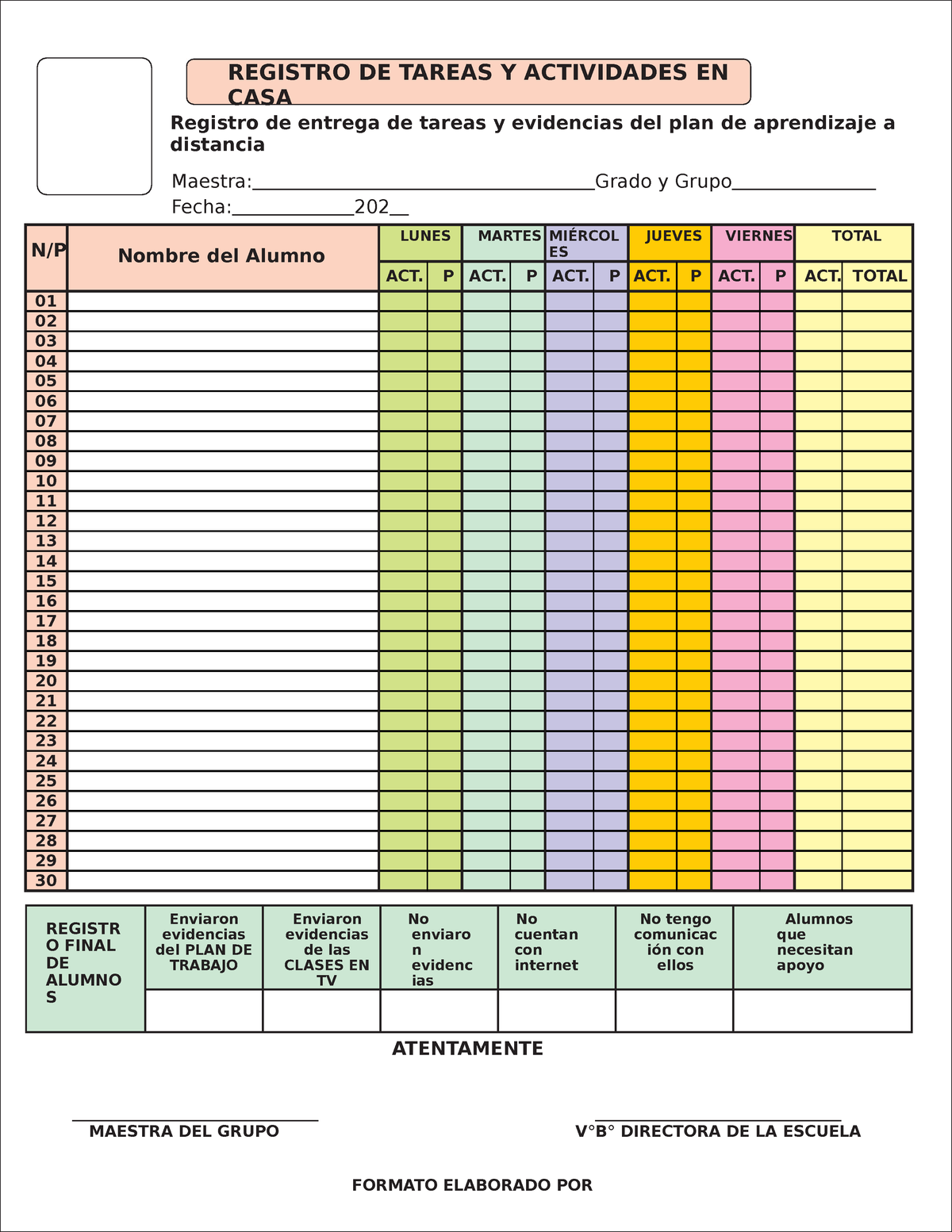 Registro De Tareas Y Actividades En Casa Word Registro De Entrega De