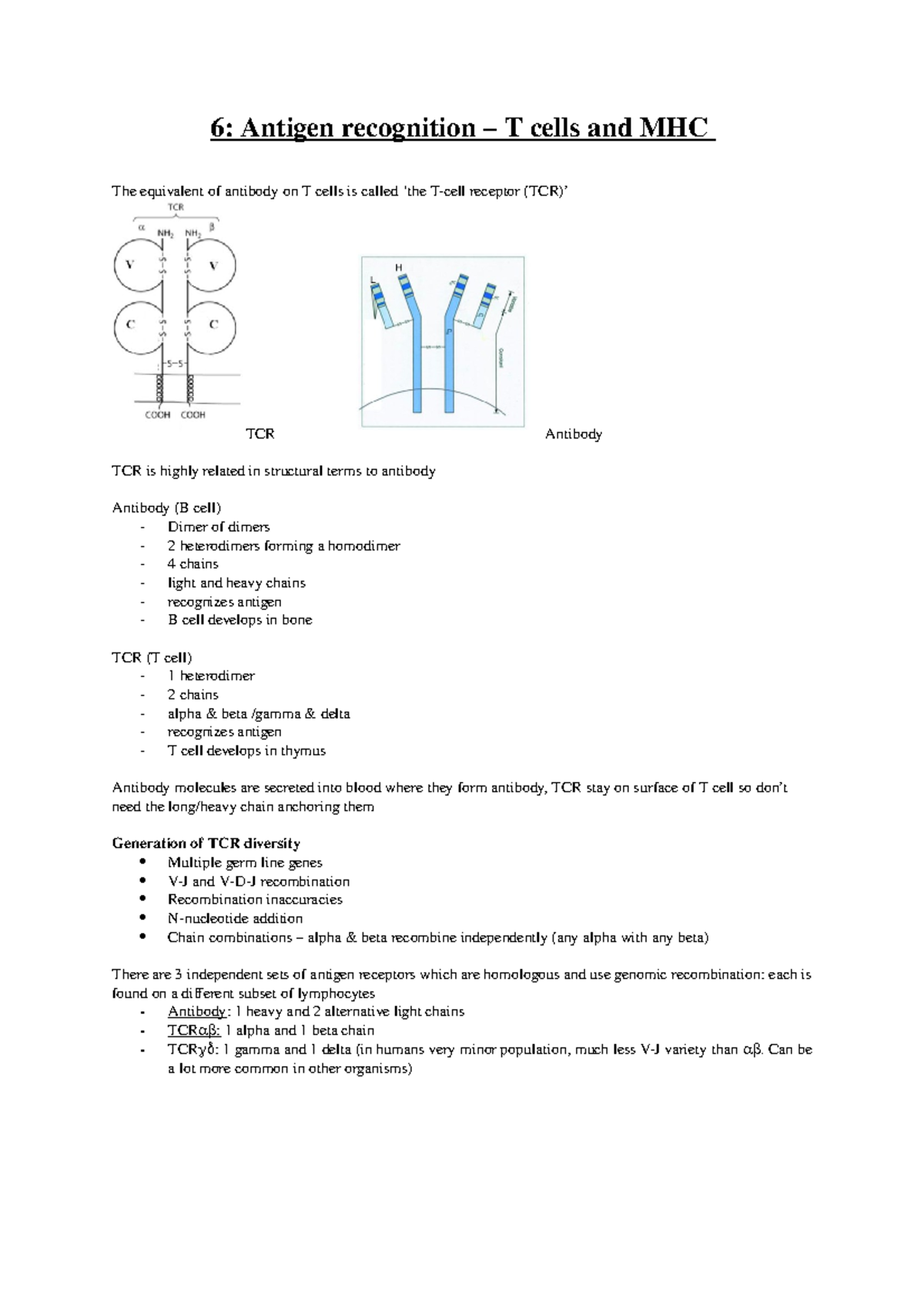6 T cells - Lecture notes 6 - 6: Antigen recognition – T cells and MHC ...