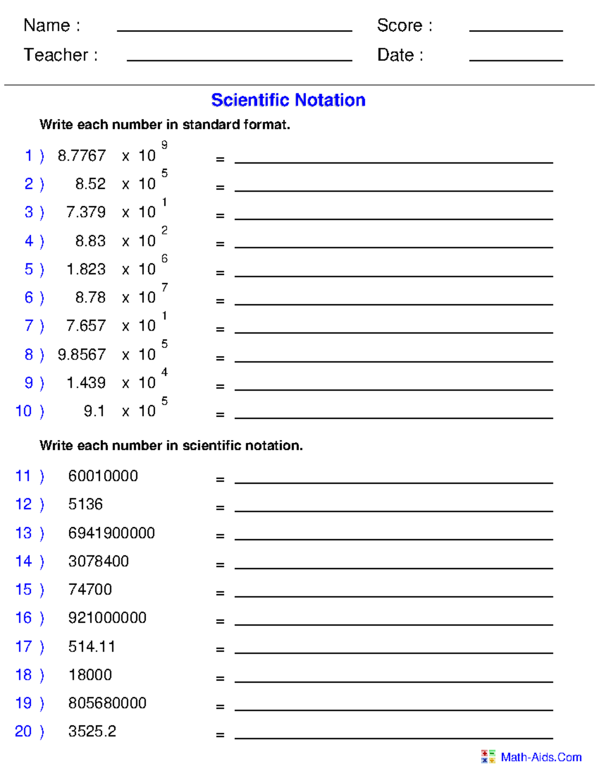 ScientificNotationWorksheet Name Teacher Date Score Math